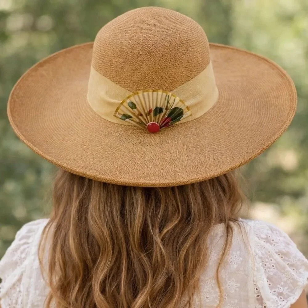 Vintage Frank Olive Straw Wide Brim Hat Floral Brooch Tan